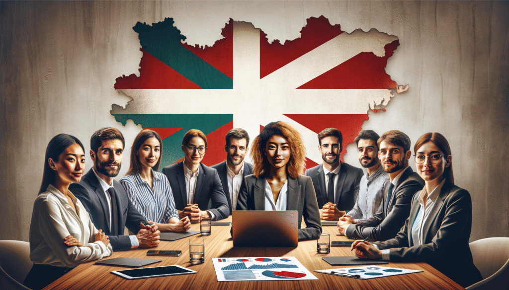 Una imagen de un grupo de profesionales en una reunión, con un fondo que incluye un mapa del País Vasco y su bandera